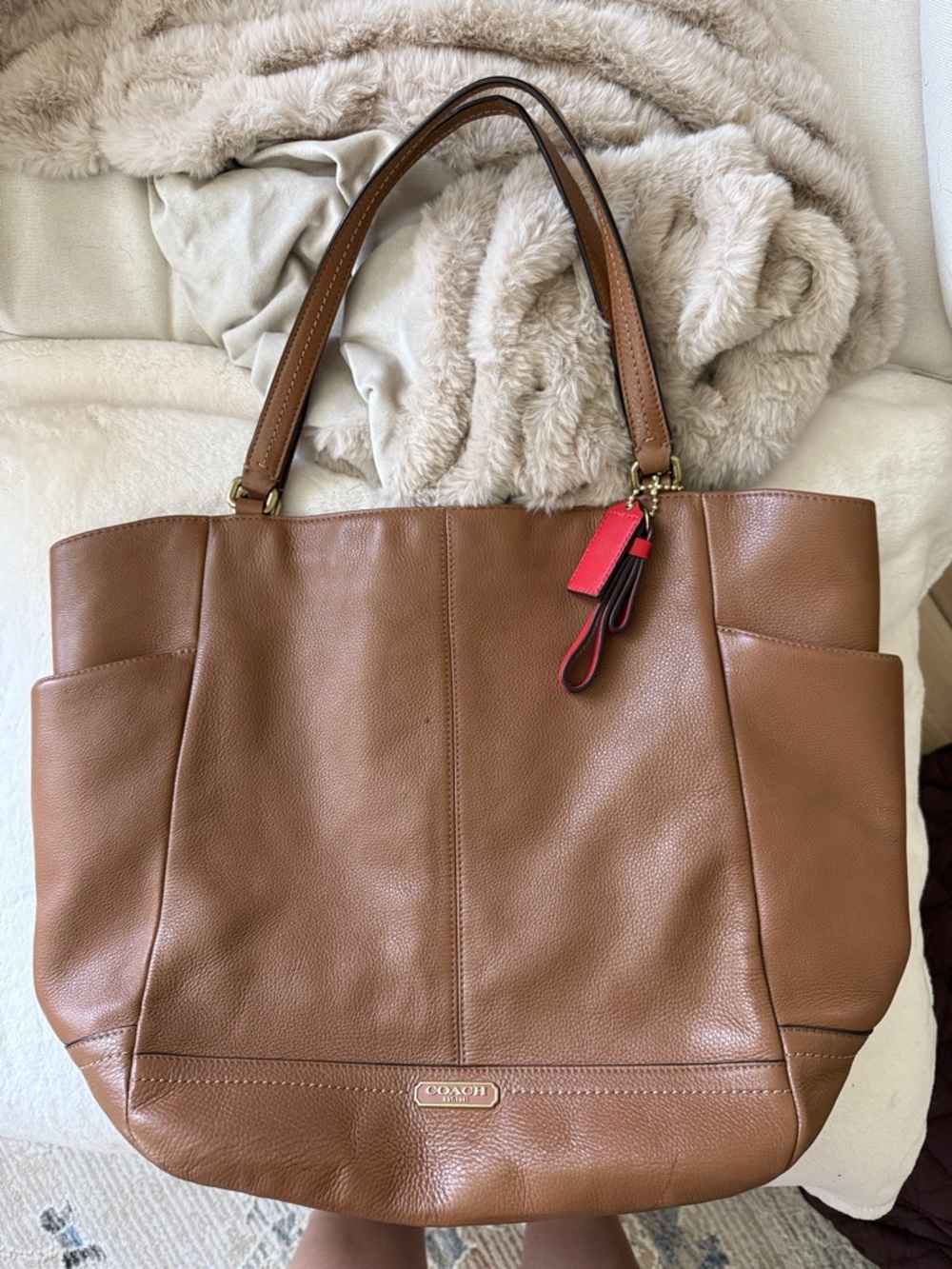 Coach Brown Pebbled Leather Tote with Red Charm